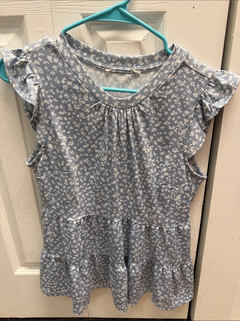 Blue Floral Ruffle-Sleeve Tiered Top
